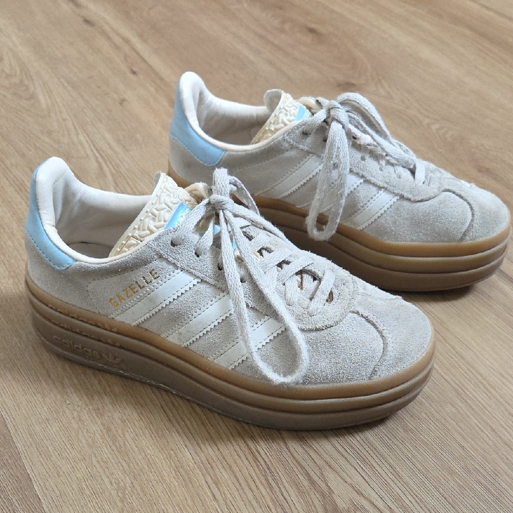 Women 5.5 Kids 3.5 Adidas Gazelle Platform Sneakers Gray And Cream